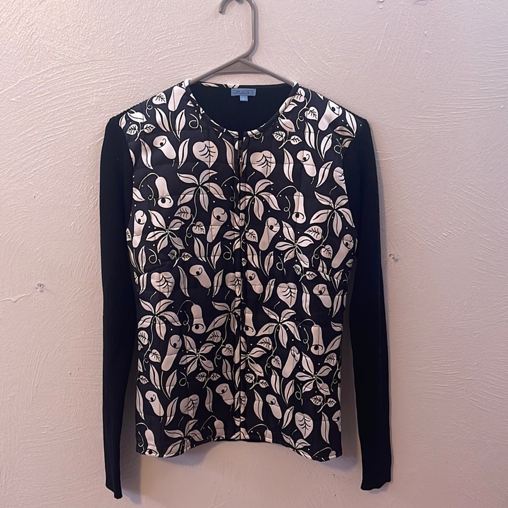 J McLaughlin Black White Print Silk Quilted Sweater Jacket Medium
